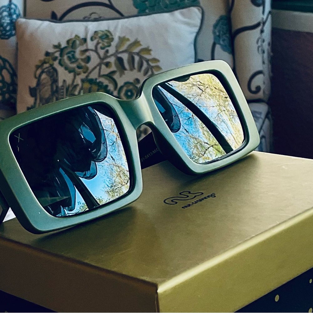 Oversized DIME Square Sunglasses in Sage Green with Blue Mirror Lenses